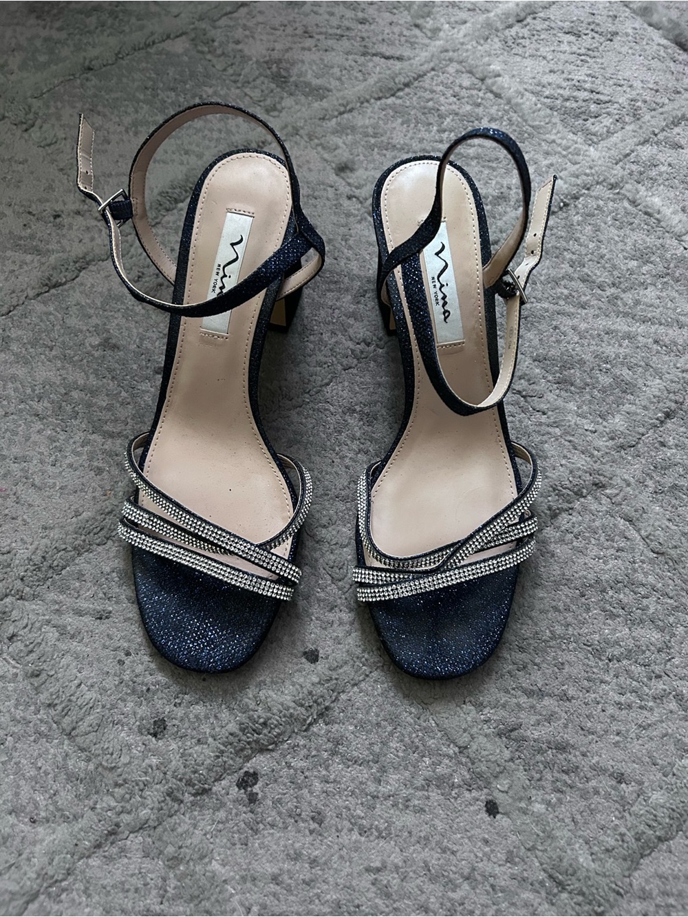 Nina Navy Crystal-Embellished Slingback Heels - Picture 1 of 3